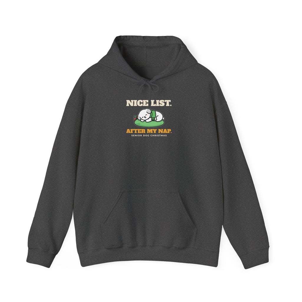 Dog Christmas Hoodie with the Nice List After My Nap design in dark heather