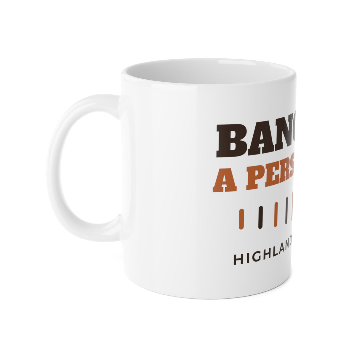 Bangs Are a Personality highland cow mug, side view with handle