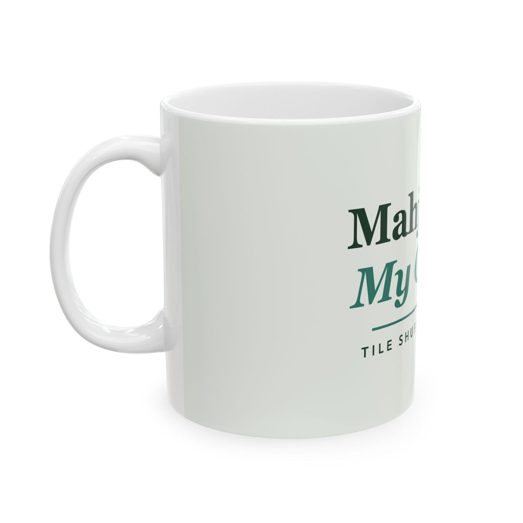 Mahjong Is My Cardio mahjong gift mug, close-up of the print