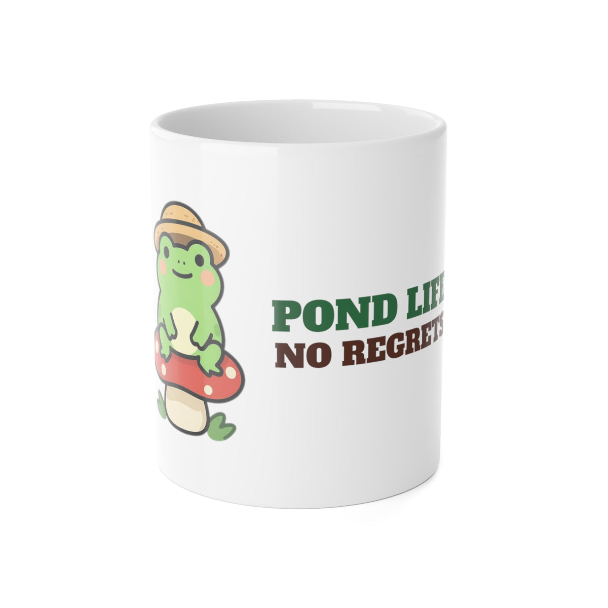 Pond Life, No Regrets cottagecore frog mug: 11oz white ceramic mug, front view