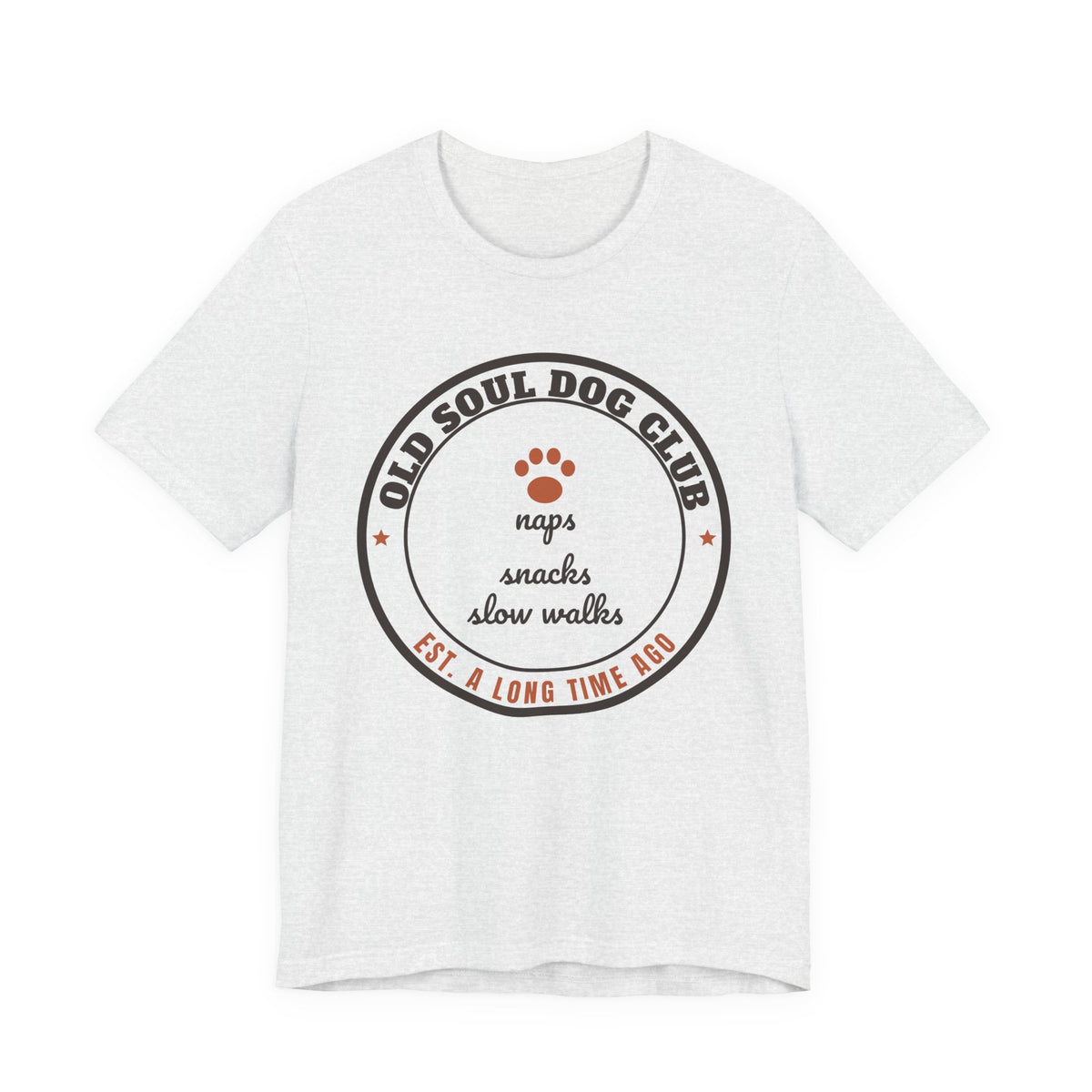 Senior Dog Shirt with the Old Soul Dog Club design in ash grey