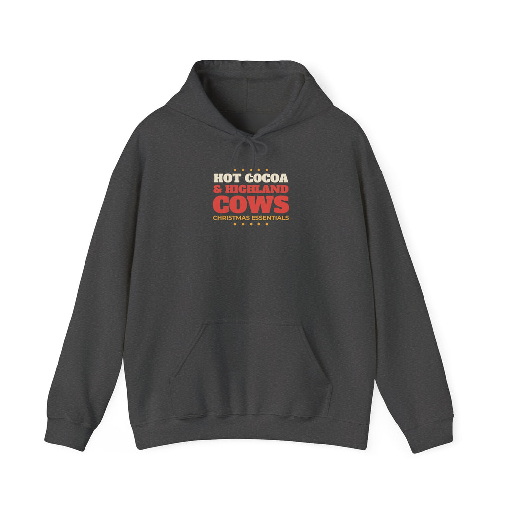 Hot Cocoa and Highland Cows Hoodie, Christmas Essentials Cow Lover Hoodie, Highland Cow Gift, Cozy Winter Holiday Hoodie, Cow Mom Hoodie