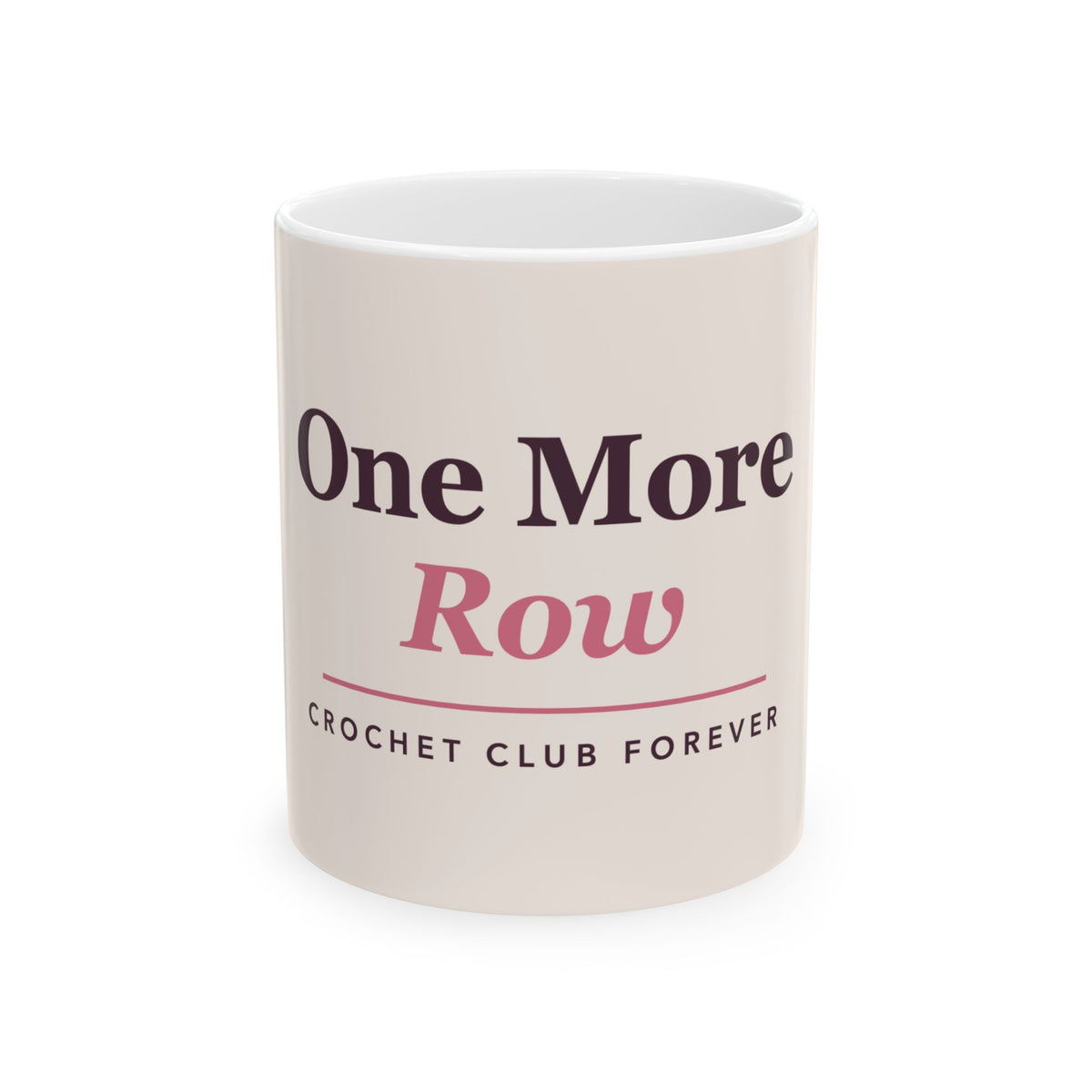 One More Row crochet mug: 11oz white ceramic mug, front view