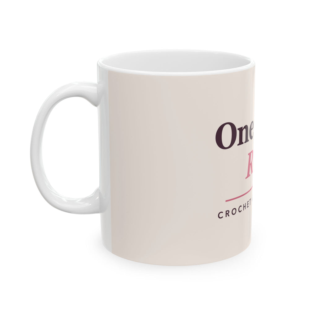 One More Row crochet mug, close-up of the print