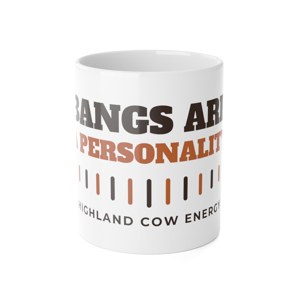 Bangs Are a Personality highland cow mug: 11oz white ceramic mug, front view