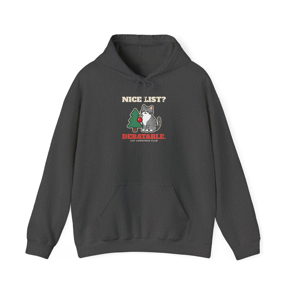 Funny Cat Christmas Hoodie, Nice List Debatable Cat Hoodie, Cat Mom Christmas Gift, Cat Dad Holiday Hoodie, Naughty Cat Lover Gift