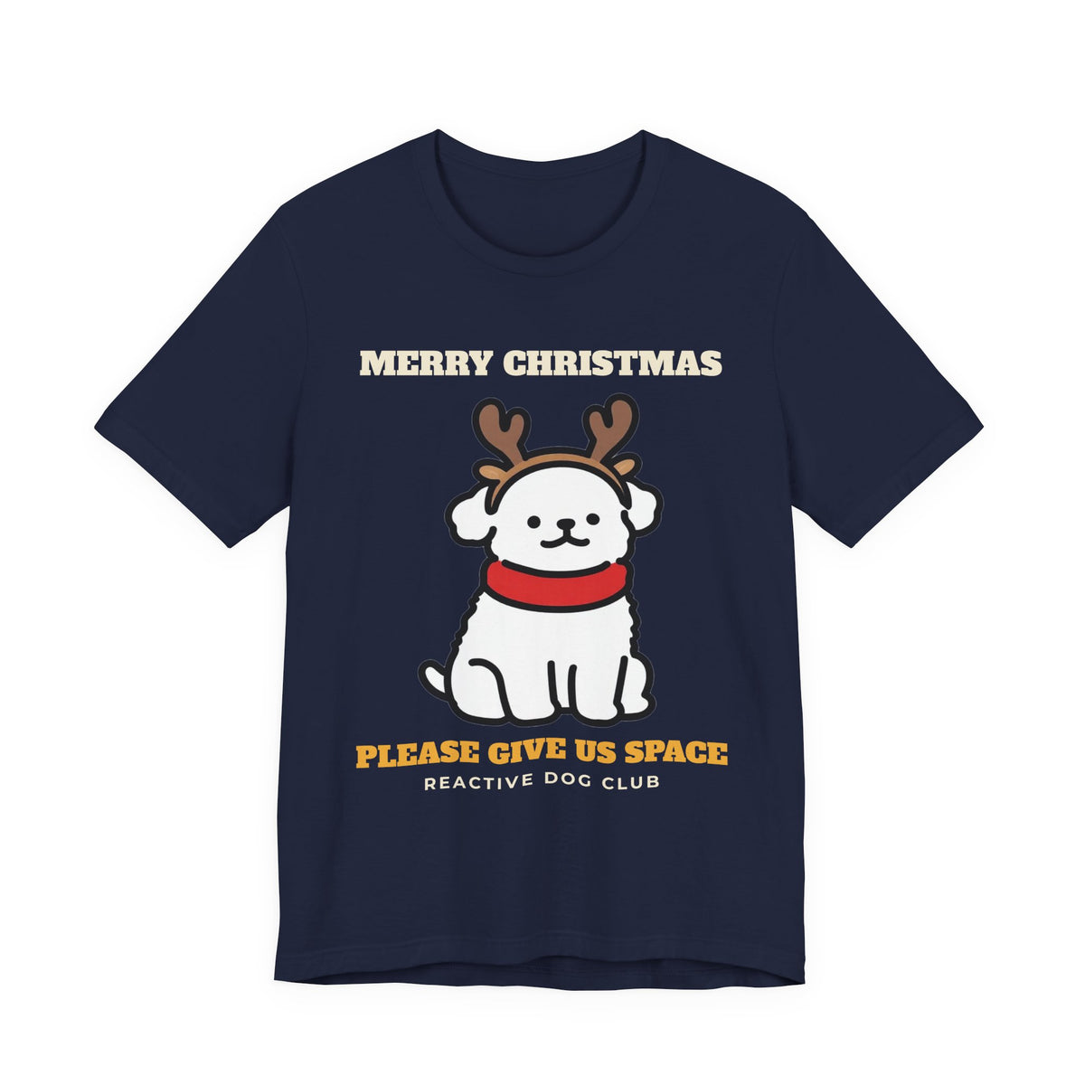 Reactive Dog Christmas Shirt with the Please Give Us Space design in navy