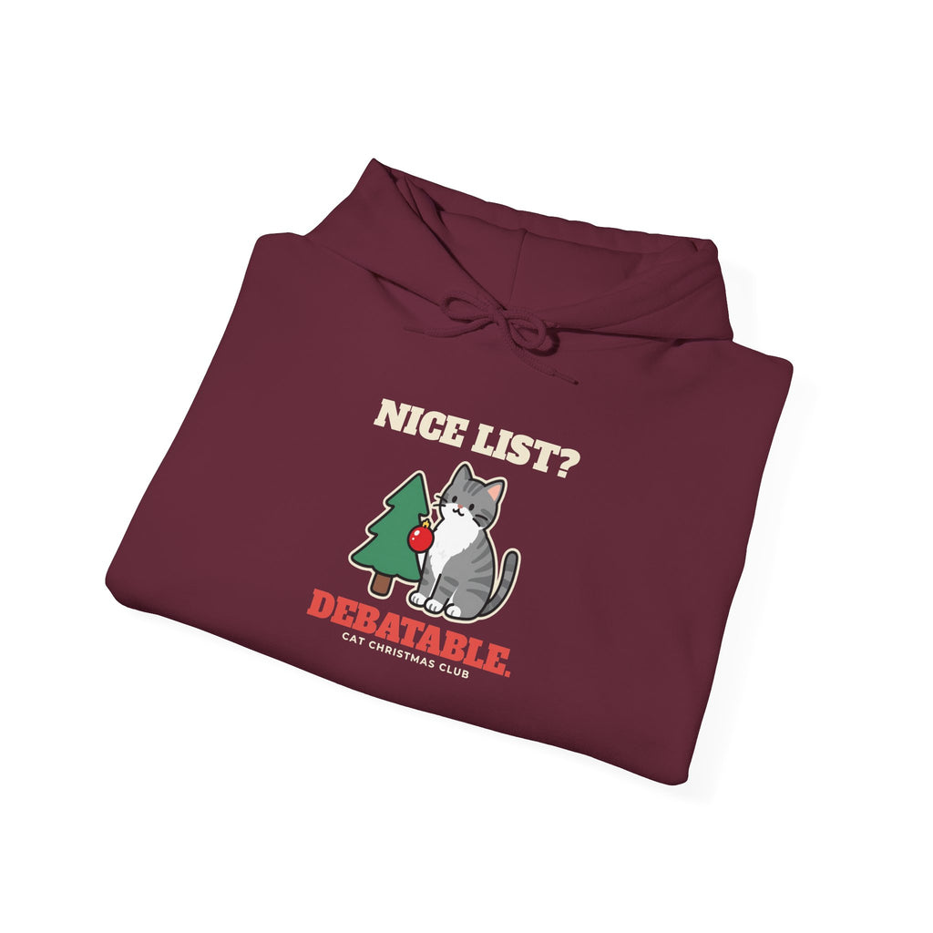 Funny Cat Christmas Hoodie, Nice List Debatable Cat Hoodie, Cat Mom Christmas Gift, Cat Dad Holiday Hoodie, Naughty Cat Lover Gift