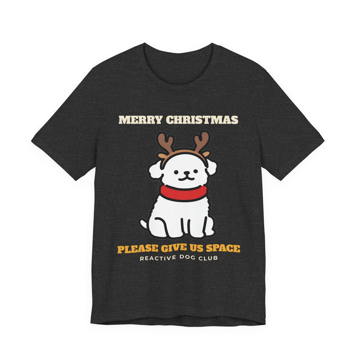 Reactive Dog Christmas Shirt with the Please Give Us Space design in dark grey heather