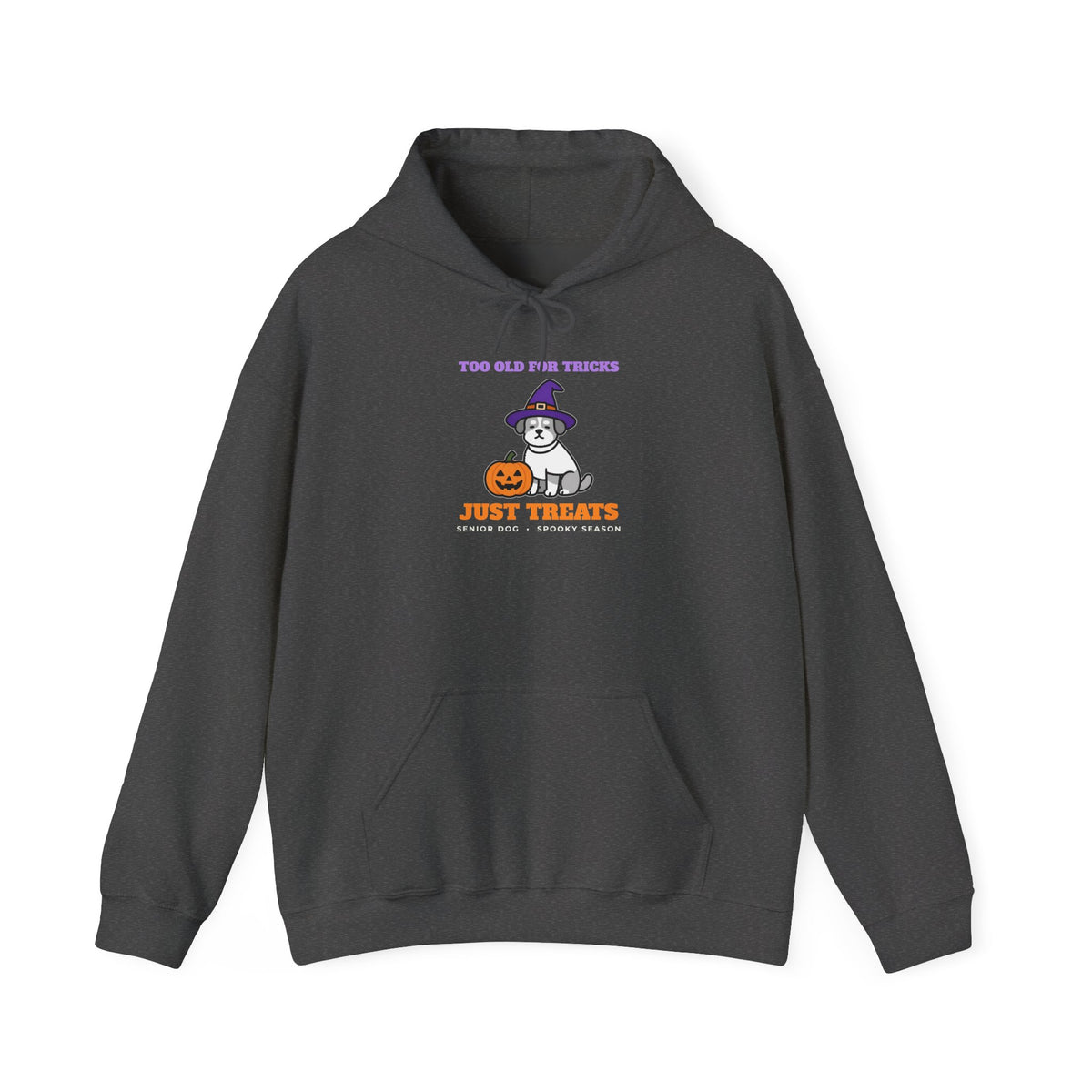 Halloween Dog Hoodie with the Too Old for Tricks, Just Treats design in dark heather