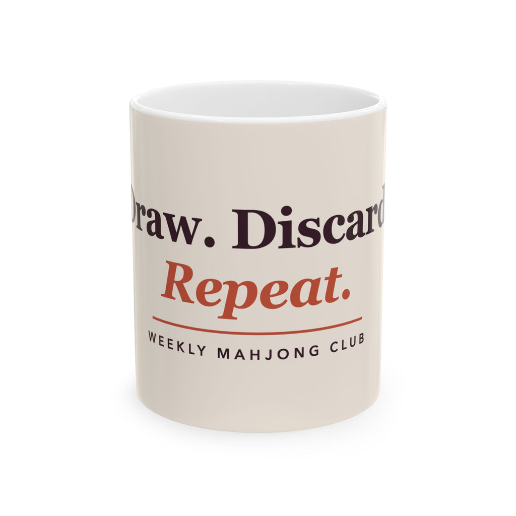 Draw, Discard, Repeat mahjong coffee mug: 11oz white ceramic mug, front view