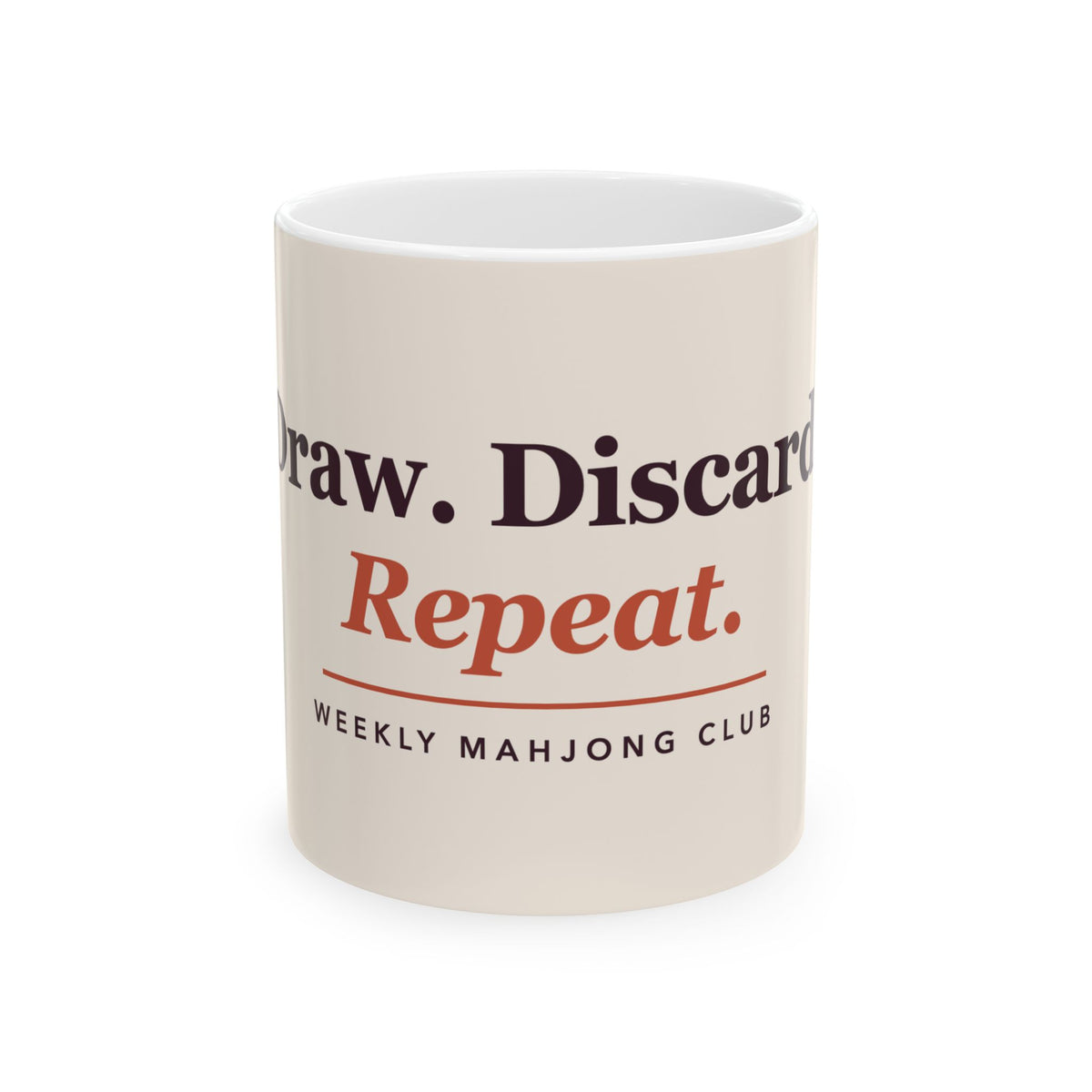 Draw, Discard, Repeat mahjong coffee mug: 11oz white ceramic mug, front view