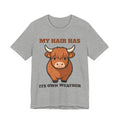 Highland Cow Shirt with the My Hair Has Its Own Weather design in athletic heather