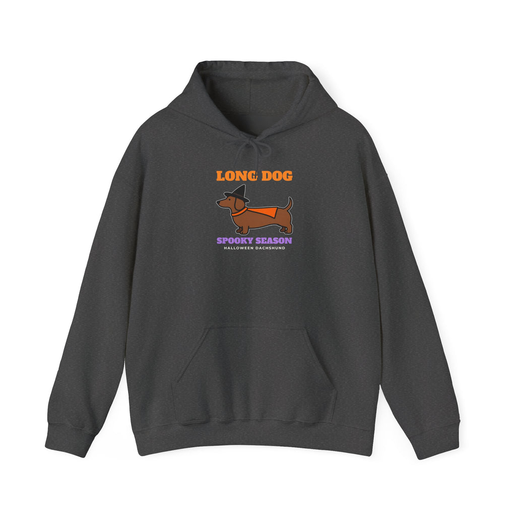 Dachshund Halloween Hoodie with the Long Dog Spooky Season design in dark heather