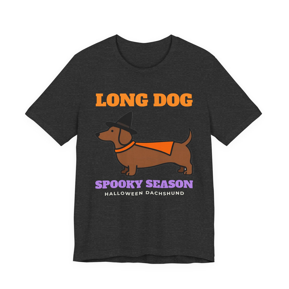 Dachshund Halloween Shirt with the Long Dog Spooky Season design in dark grey heather