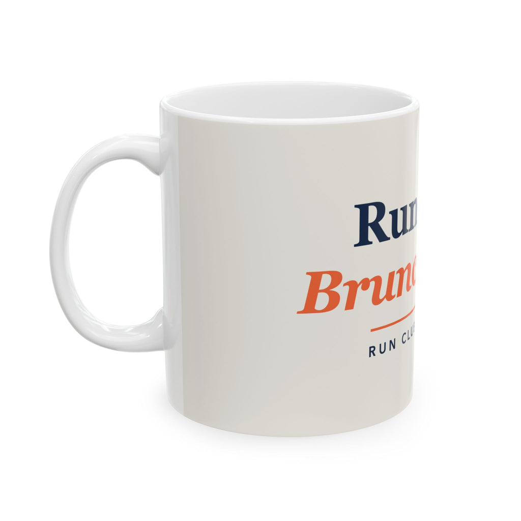 Run Now, Brunch Later running mug, close-up of the print