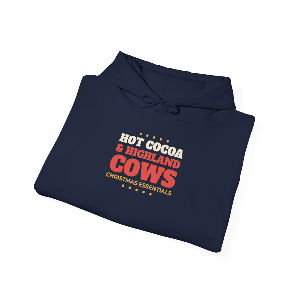 Hot Cocoa and Highland Cows Hoodie, Christmas Essentials Cow Lover Hoodie, Highland Cow Gift, Cozy Winter Holiday Hoodie, Cow Mom Hoodie