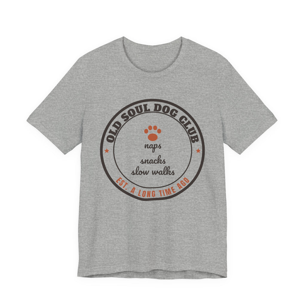 Senior Dog Shirt with the Old Soul Dog Club design in athletic heather