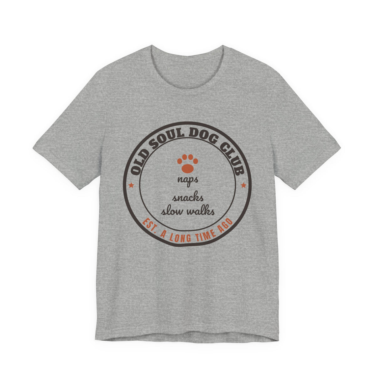 Senior Dog Shirt with the Old Soul Dog Club design in athletic heather