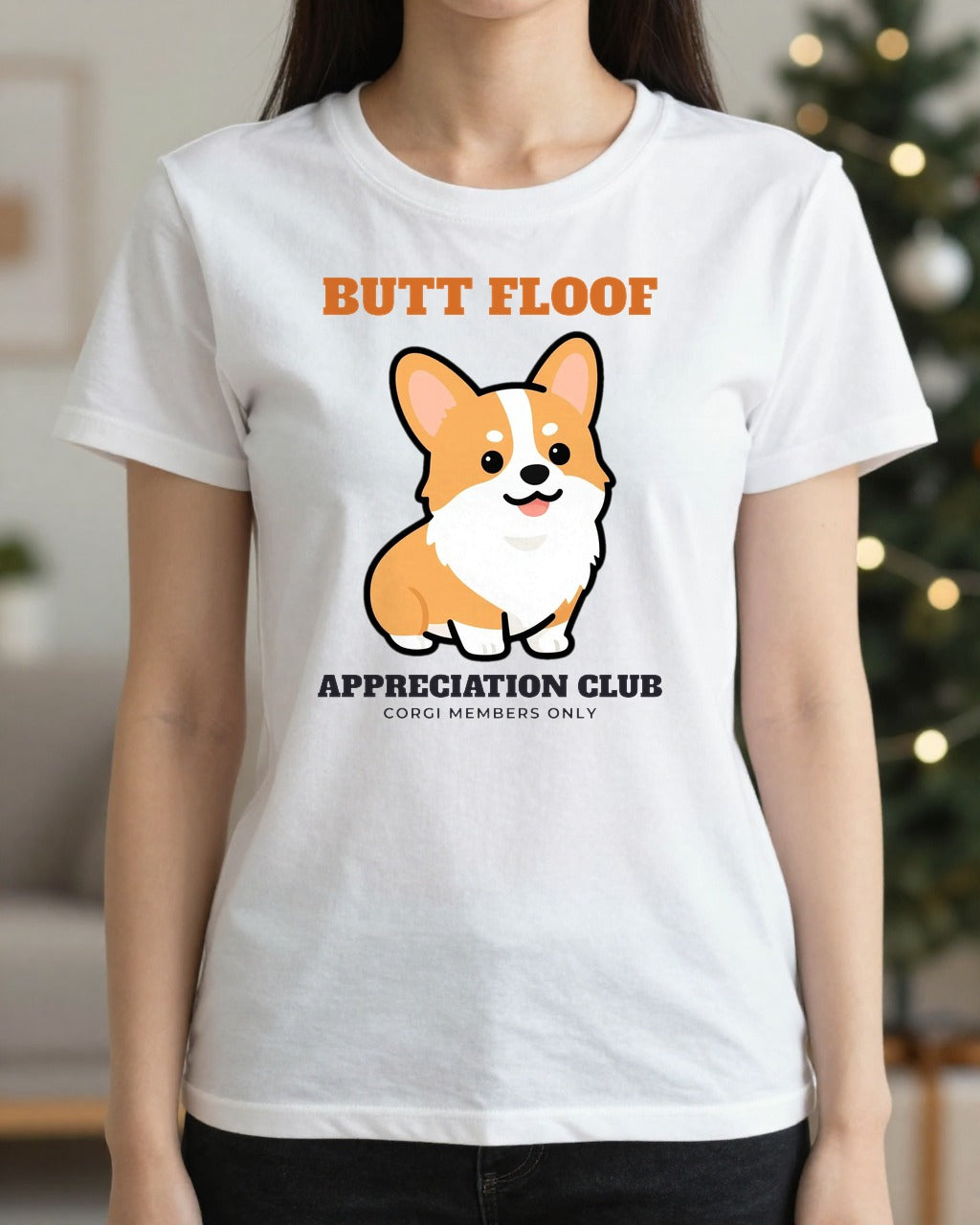 Woman wearing the Corgi Butt Appreciation Club t-shirt
