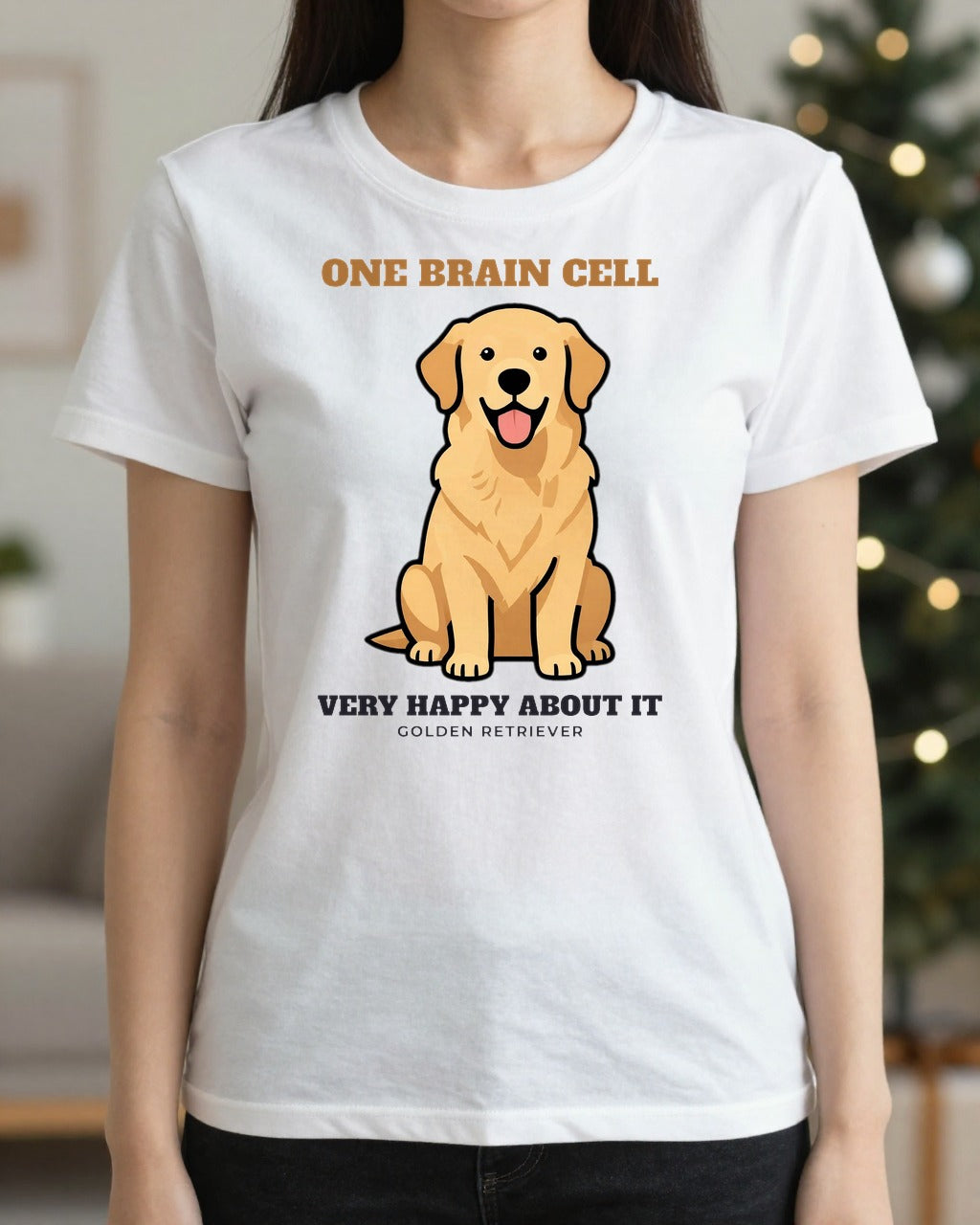 Woman wearing the One Brain Cell golden retriever t-shirt