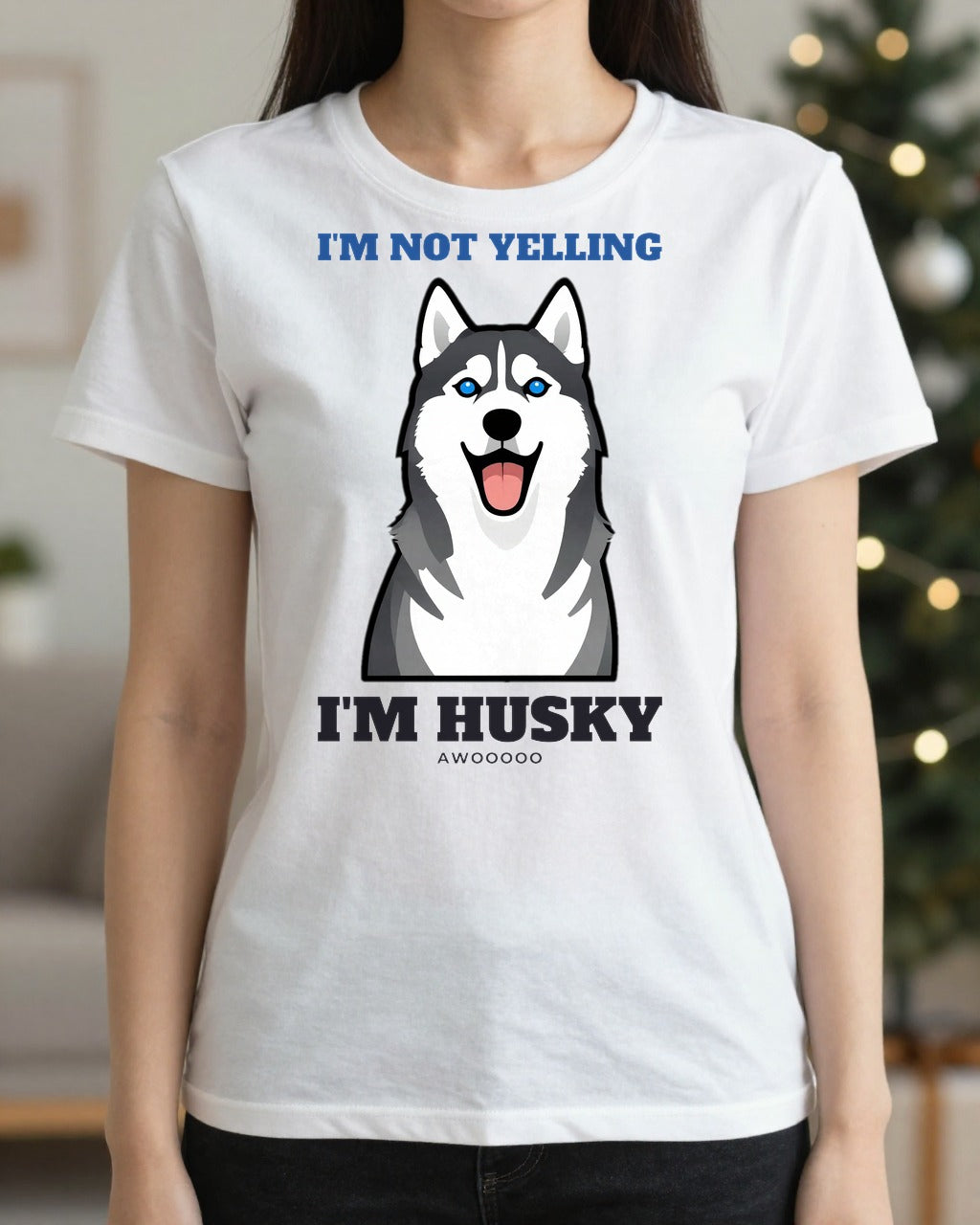 Woman wearing the Not Yelling Husky t-shirt